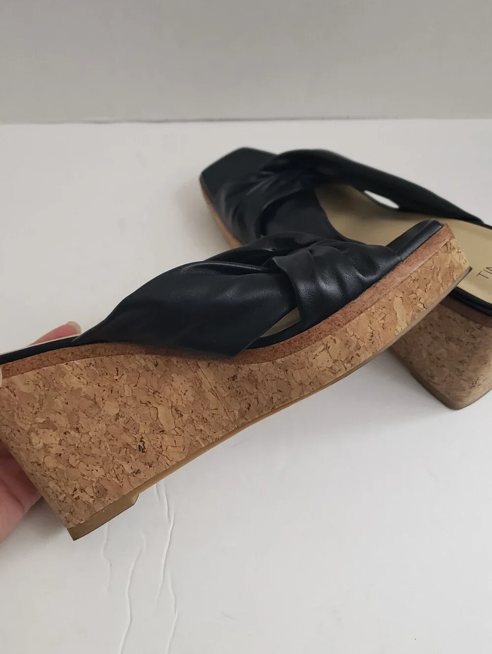 Sz 6 Time And Tru Black Faux Leather Slip On Cork Wedge Heels